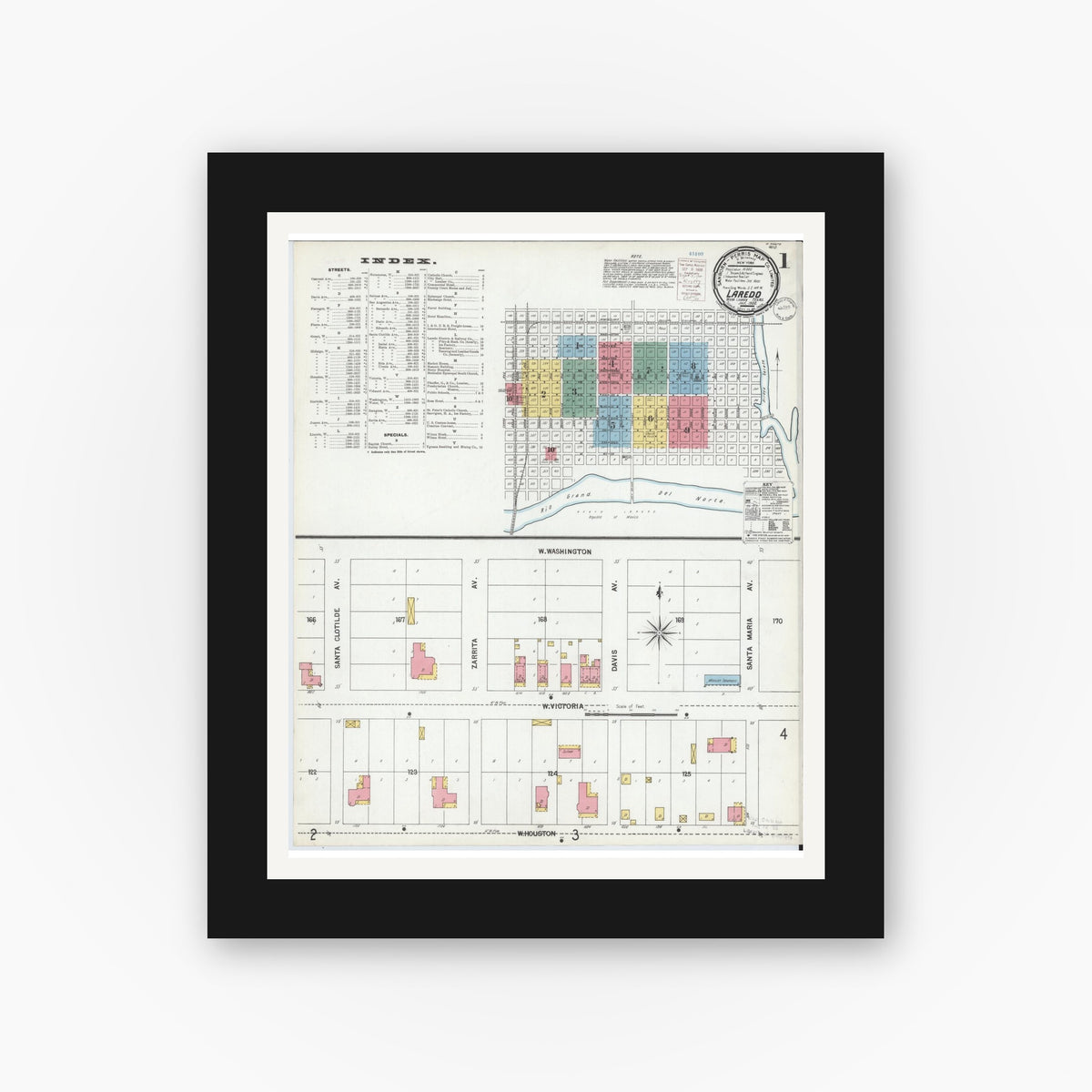 Old map wall art mockup — black gallery frame with white mat — Sanborn Fire Insurance Map from Laredo, Webb County, Texas (1900) - Complete Map Set
