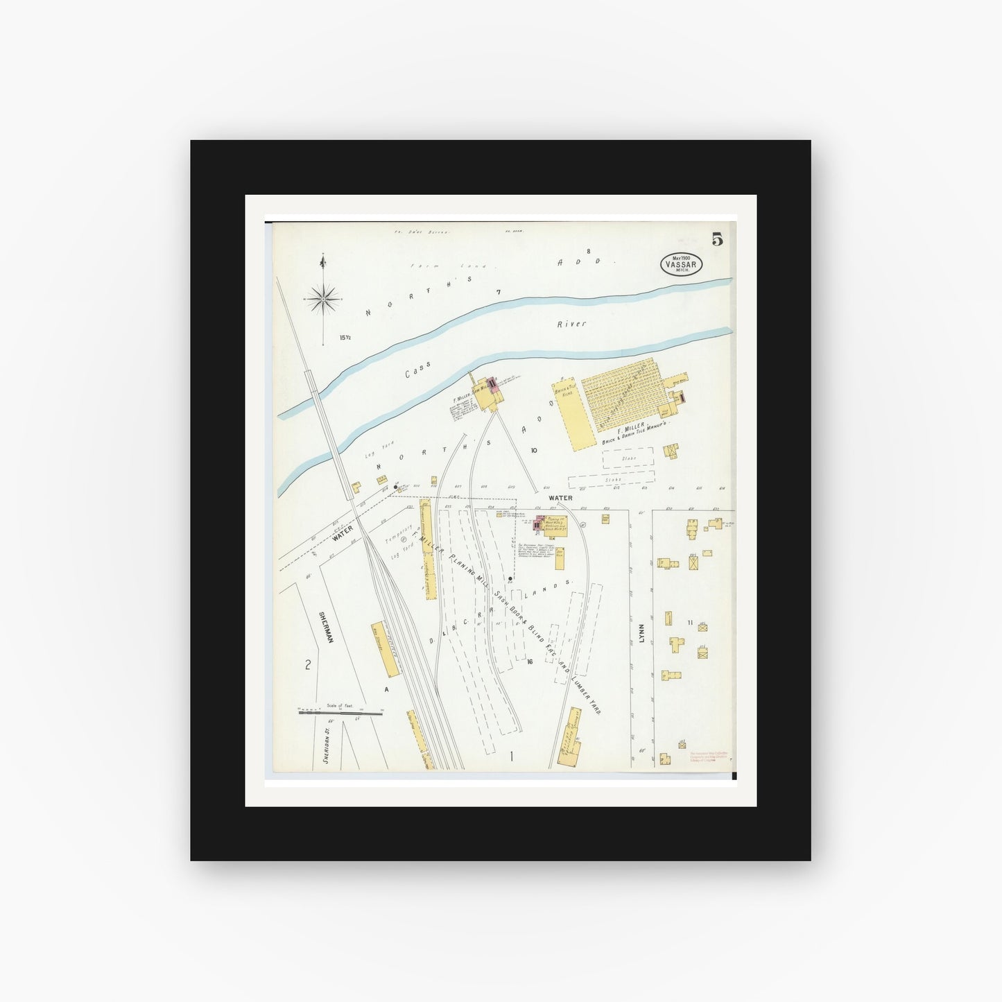 Old map wall art mockup — black gallery frame with white mat — Sanborn Fire Insurance Map from Vassar, Tuscola County, Michigan (1900), Sheet #0005