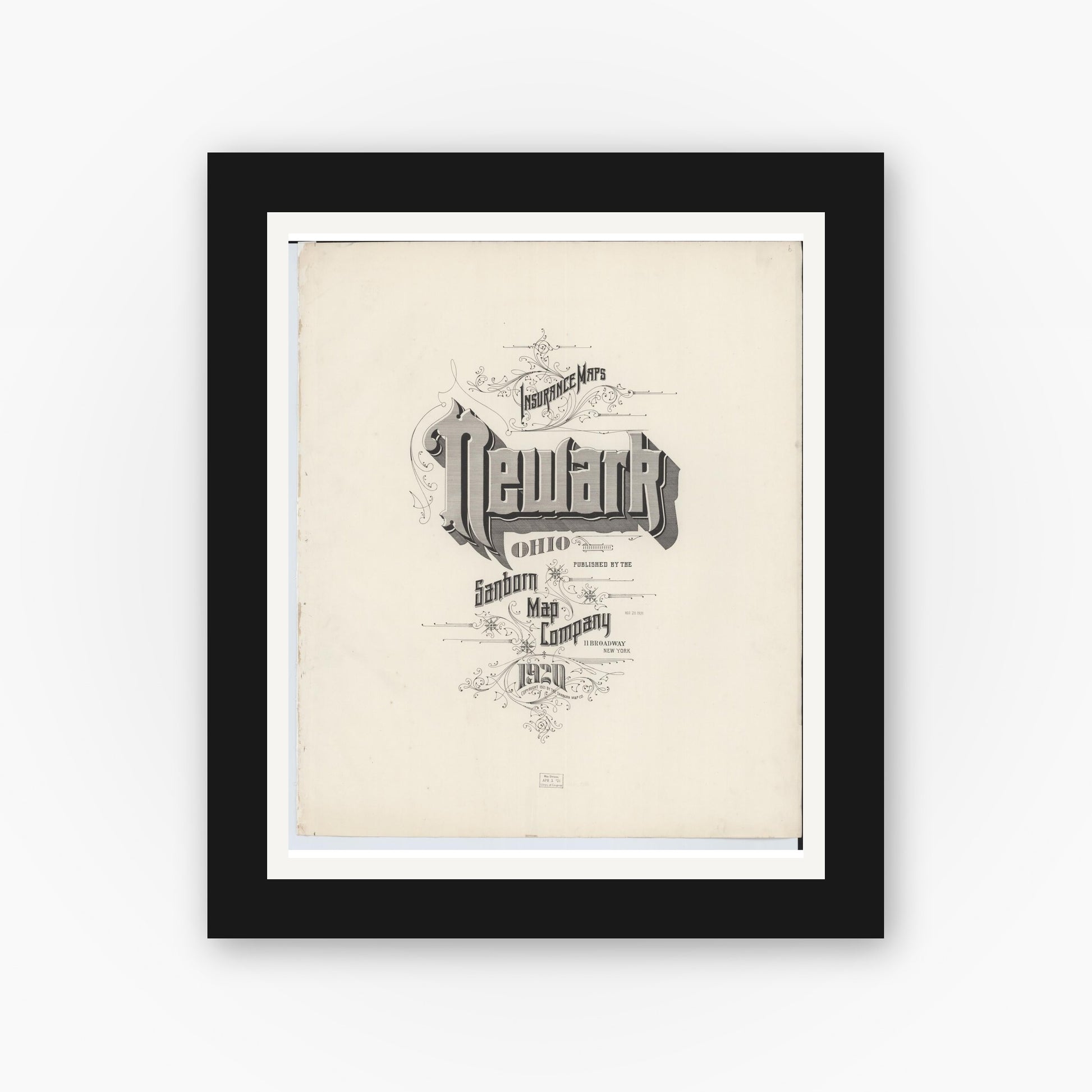 Old map wall art mockup — black gallery frame with white mat — Sanborn Fire Insurance Map from Newark, Licking County, Ohio (1920), Sheet #0001