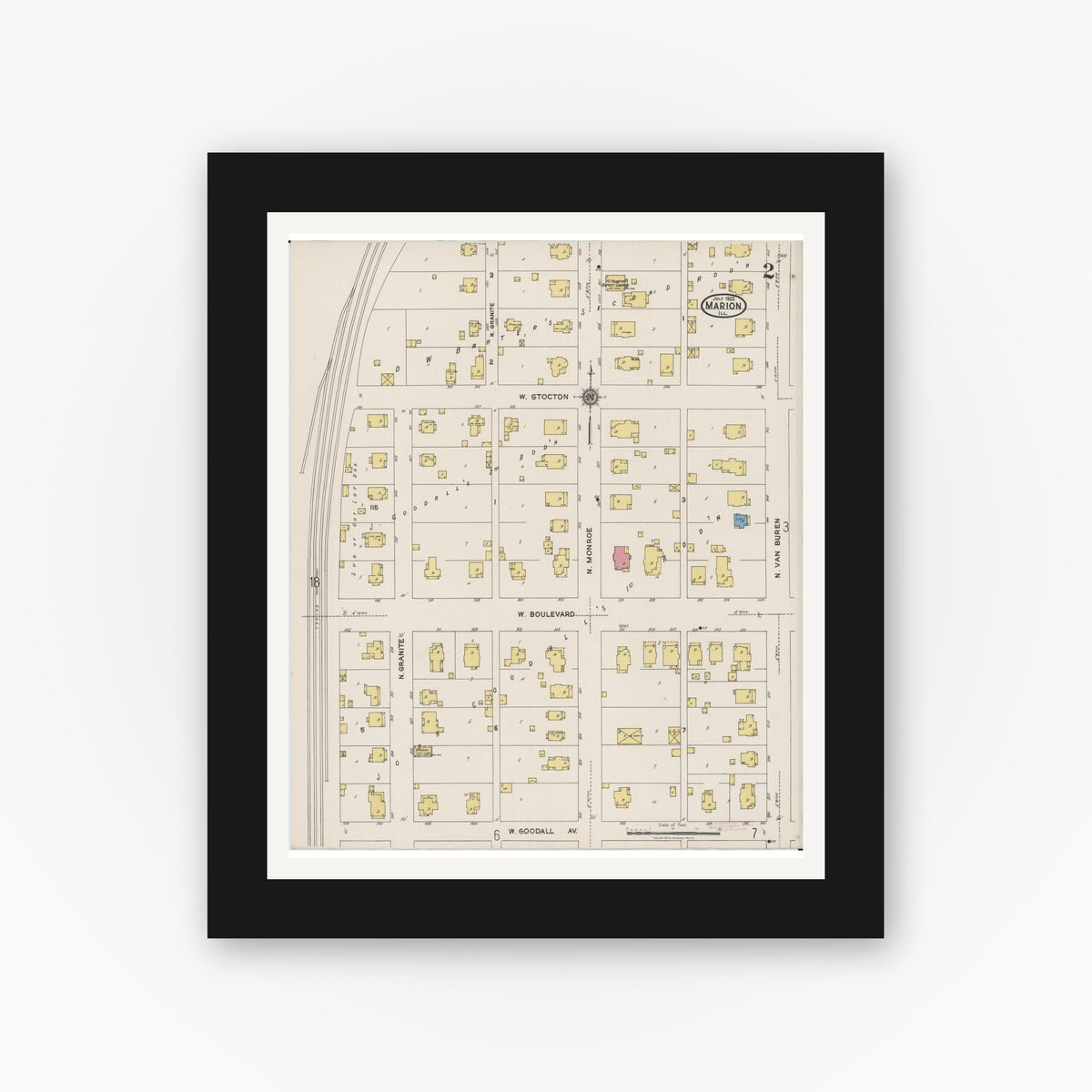 Old map wall art mockup — black gallery frame with white mat — Sanborn Fire Insurance Map from Marion, Williamson County, Illinois (1922), Sheet #0002