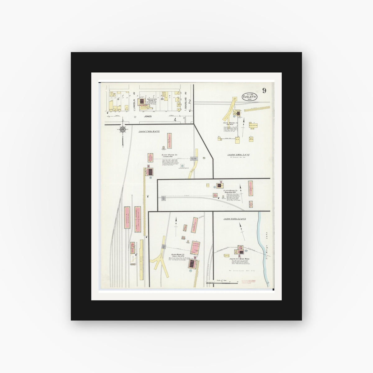 Old map wall art mockup — black gallery frame with white mat — Sanborn Fire Insurance Map from Eveleth, Saint Louis County, Minnesota (1912), Sheet #0009