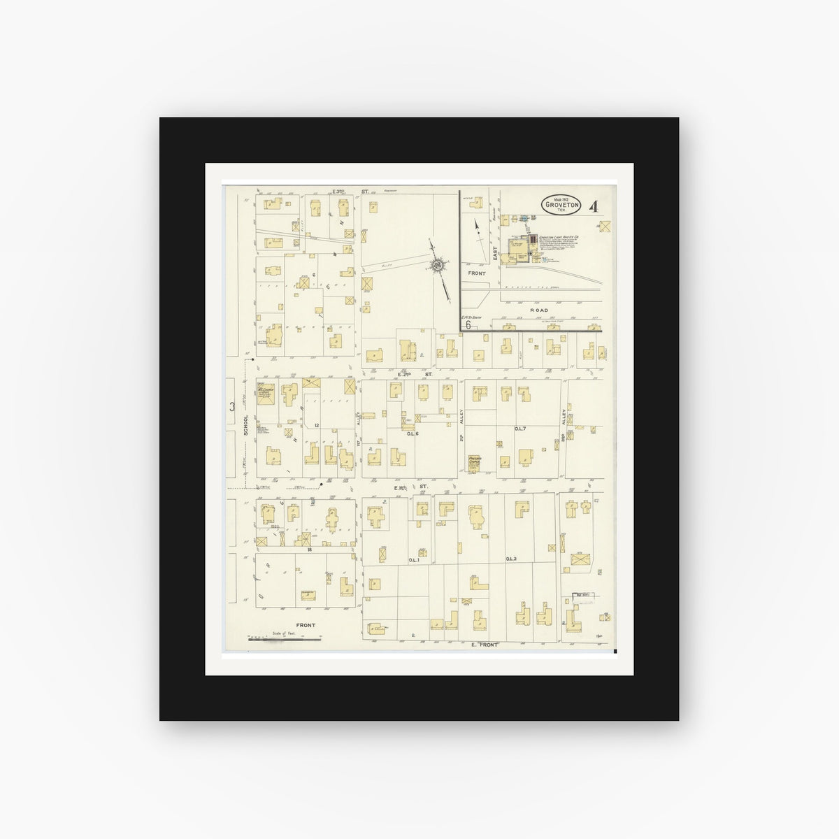 Old map wall art mockup — black gallery frame with white mat — Sanborn Fire Insurance Map from Groveton, Trinity County, Texas (1912), Sheet #0004