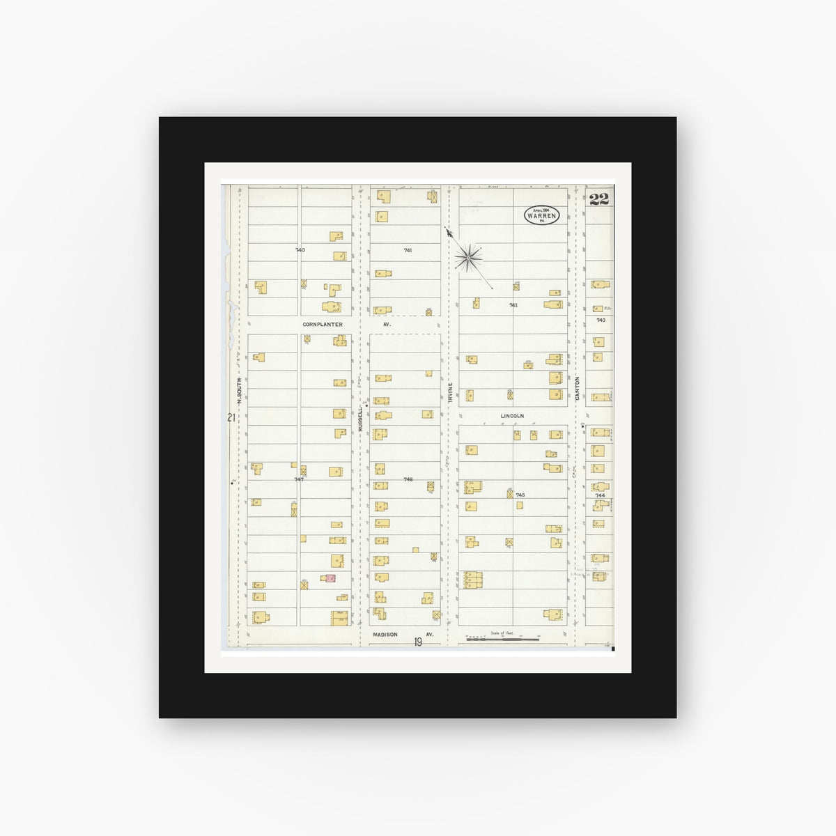 Old map wall art mockup — black gallery frame with white mat — Sanborn Fire Insurance Map from Warren, Warren County, Pennsylvania (1904), Sheet #0022