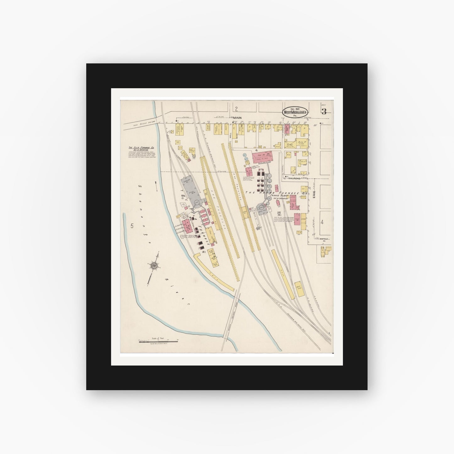 Old map wall art mockup — black gallery frame with white mat — Sanborn Fire Insurance Map from West Middlesex, Mercer County, Pennsylvania (1921), Sheet #0003
