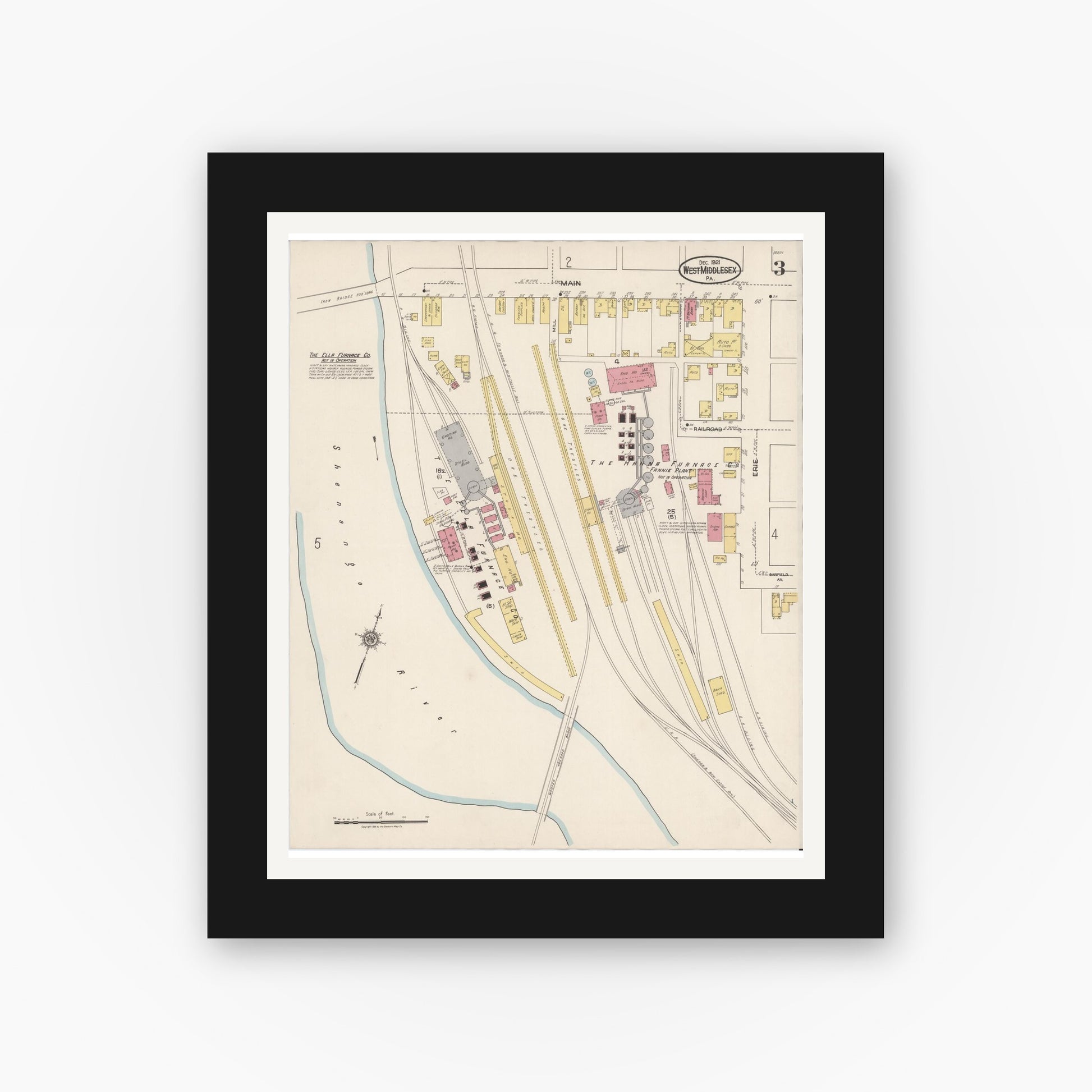 Old map wall art mockup — black gallery frame with white mat — Sanborn Fire Insurance Map from West Middlesex, Mercer County, Pennsylvania (1921), Sheet #0003