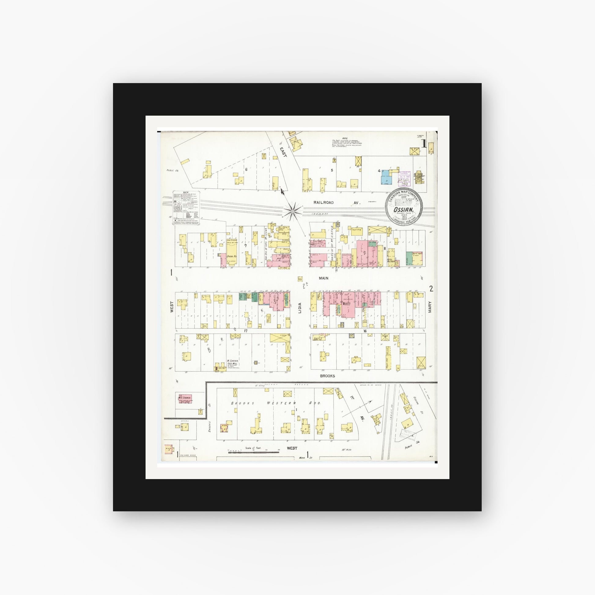 Old map wall art mockup — black gallery frame with white mat — Sanborn Fire Insurance Map from Ossian, Winneshiek County, Iowa (1902) â€” Complete Set