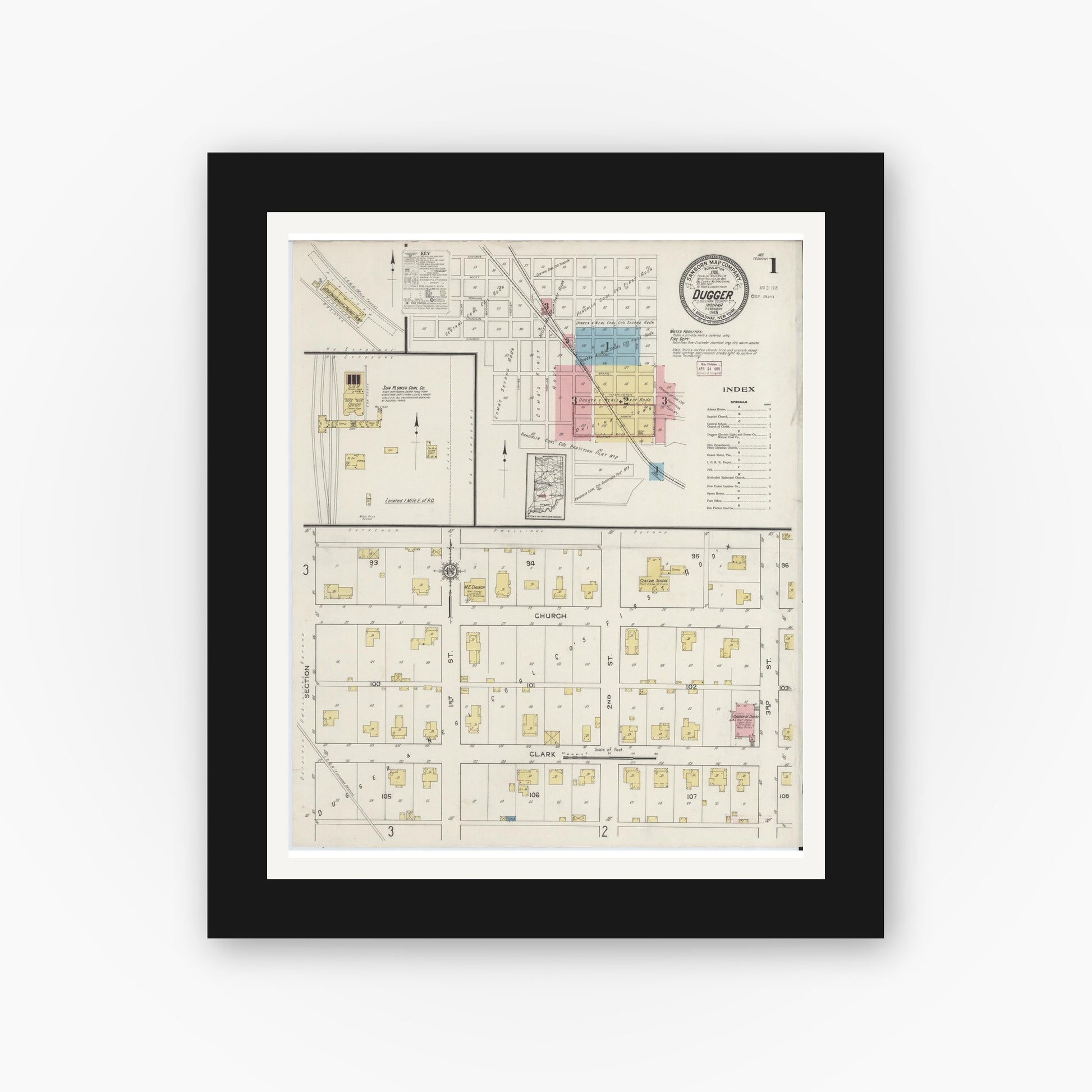 Old map wall art mockup — black gallery frame with white mat — Sanborn Fire Insurance Map from Dugger, Sullivan County, Indiana (1915) - Complete Map Set