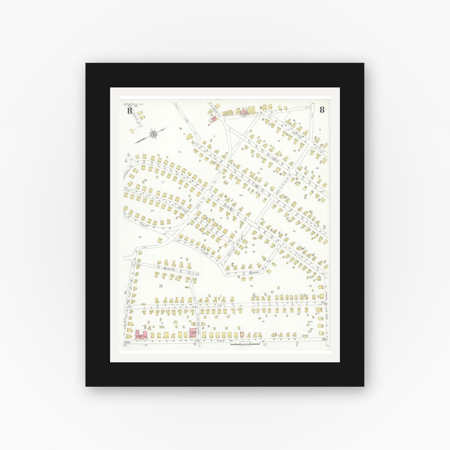 Old map wall art mockup — black gallery frame with white mat — Sanborn Fire Insurance Map from Kannapolis, Rowan And Cabarrus Counties, North Carolina (1932), Sheet #0008