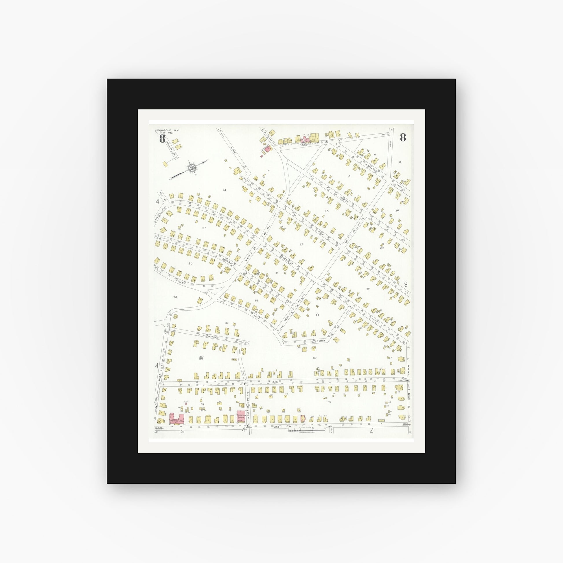 Old map wall art mockup — black gallery frame with white mat — Sanborn Fire Insurance Map from Kannapolis, Rowan And Cabarrus Counties, North Carolina (1932), Sheet #0008