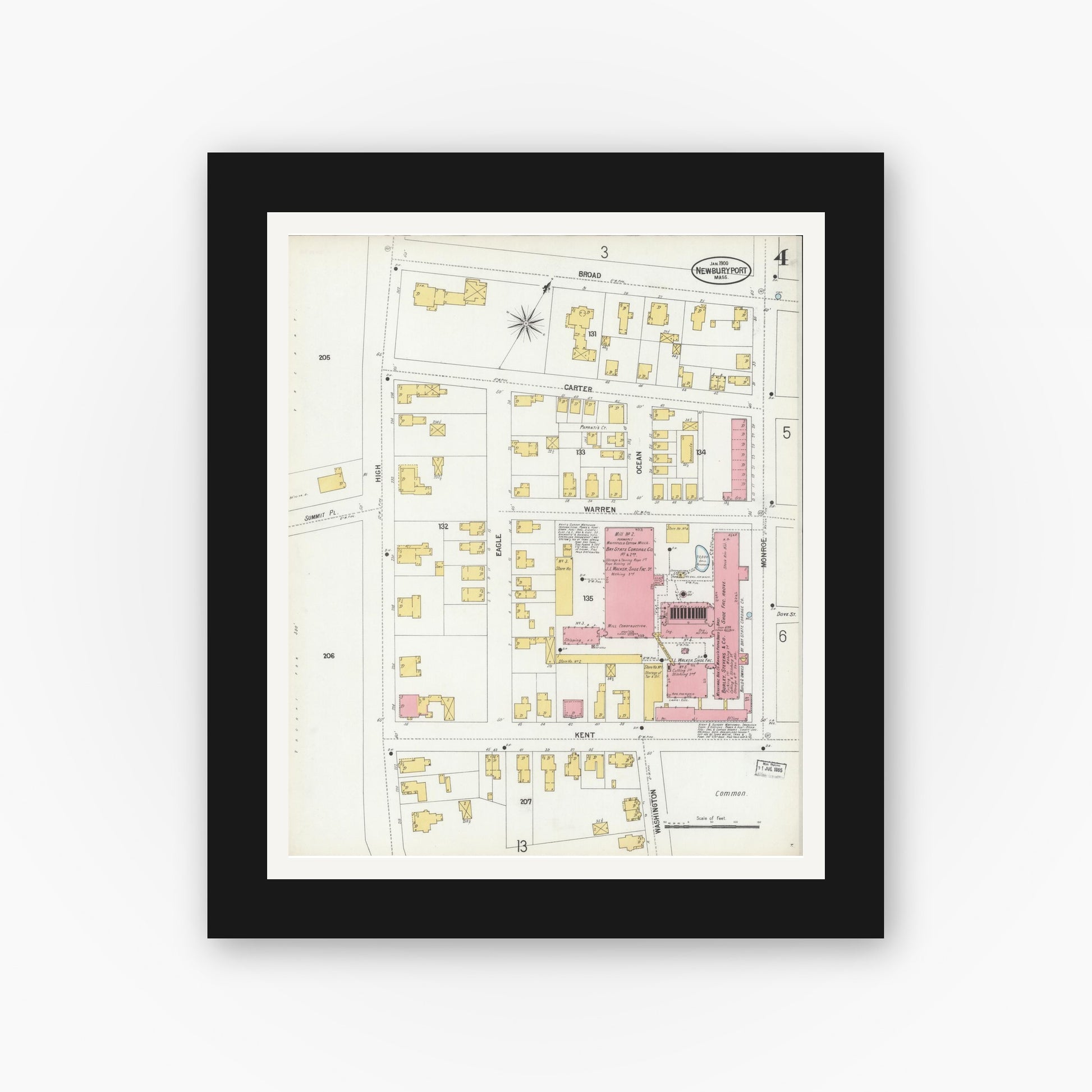 Old map wall art mockup — black gallery frame with white mat — Sanborn Fire Insurance Map from Newburyport, Essex County, Massachusetts (1900), Sheet #0004
