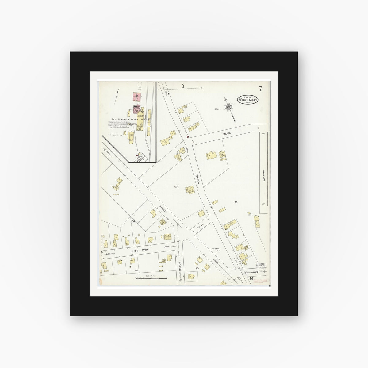 Old map wall art mockup — black gallery frame with white mat — Sanborn Fire Insurance Map from Winchendon, Worcester County, Massachusetts (1914), Sheet #0007