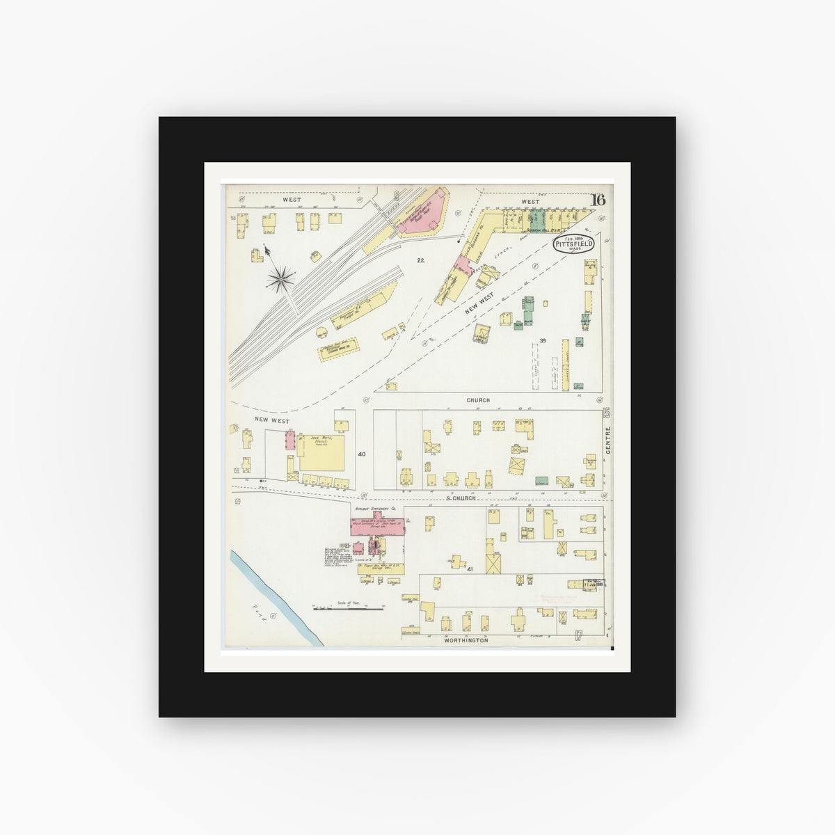 Old map wall art mockup — black gallery frame with white mat — Sanborn Fire Insurance Map from Pittsfield, Berkshire County, Massachusetts (1895), Sheet #0016