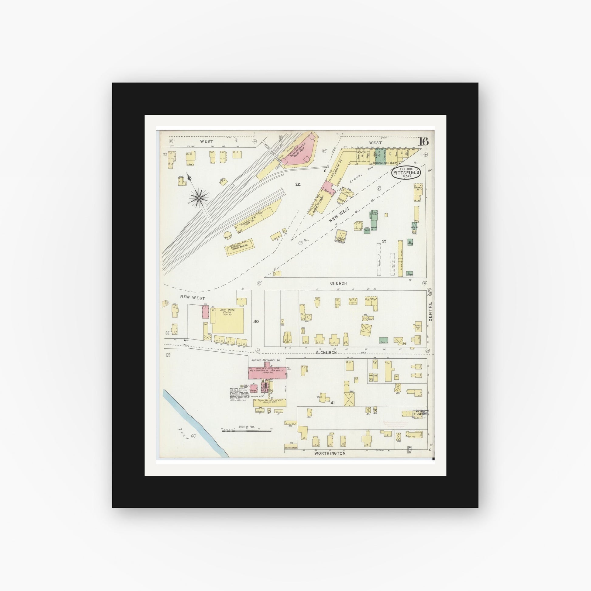 Old map wall art mockup — black gallery frame with white mat — Sanborn Fire Insurance Map from Pittsfield, Berkshire County, Massachusetts (1895), Sheet #0016