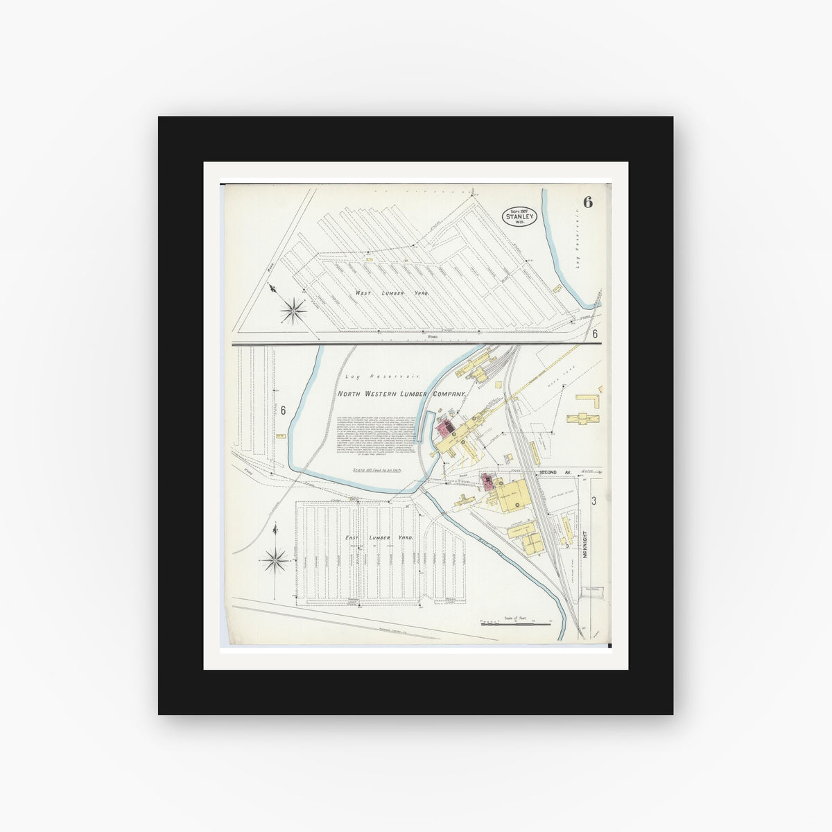 Old map wall art mockup — black gallery frame with white mat — Sanborn Fire Insurance Map from Stanley, Chippewa County, Wisconsin (1907), Sheet #0006