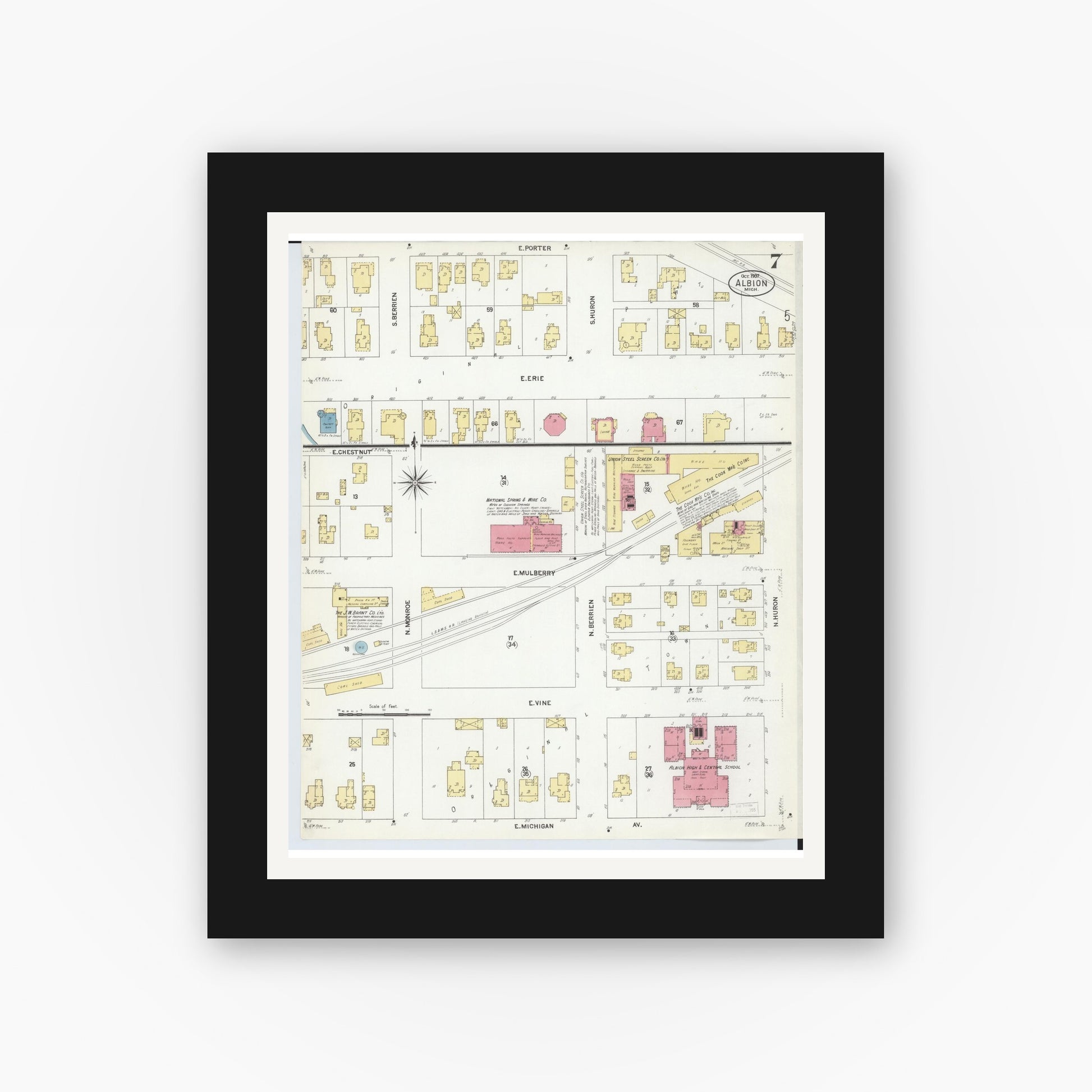Old map wall art mockup — black gallery frame with white mat — Sanborn Fire Insurance Map from Albion, Calhoun County, Michigan (1907), Sheet #0007