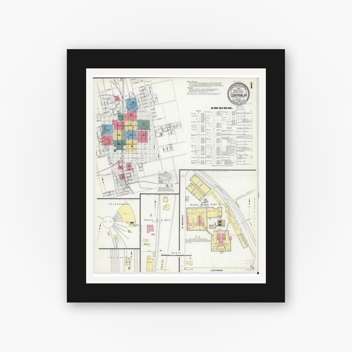 Old map wall art mockup — black gallery frame with white mat — Sanborn Fire Insurance Map from Centralia, Marion, Clinton, Jefferson, and Washington Counties, Illinois (1909), Sheet #0001