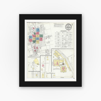 Old map wall art mockup — black gallery frame with white mat — Sanborn Fire Insurance Map from Centralia, Marion, Clinton, Jefferson, and Washington Counties, Illinois (1909), Sheet #0001