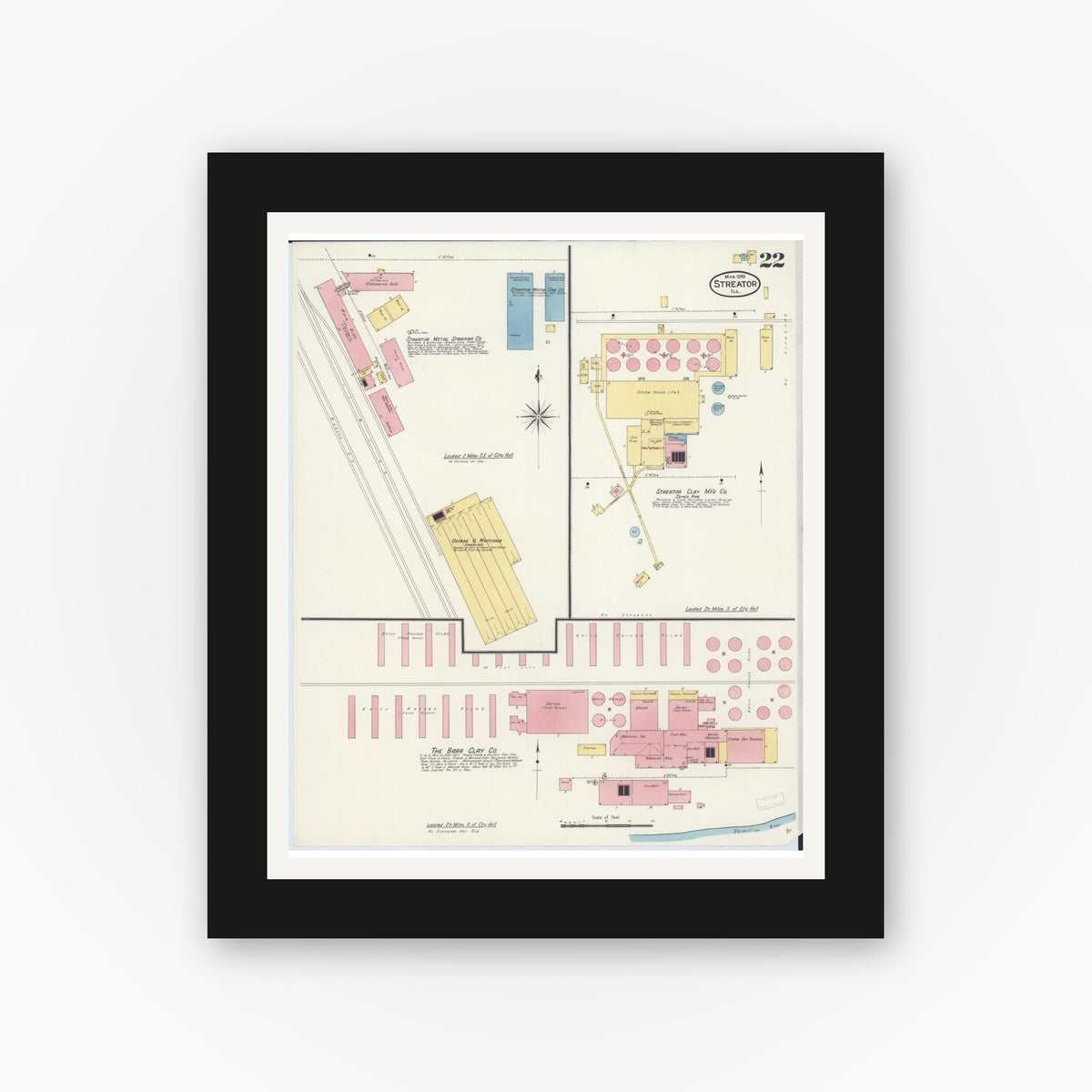 Old map wall art mockup — black gallery frame with white mat — Sanborn Fire Insurance Map from Streator, La Salle County, Illinois (1909), Sheet #0022