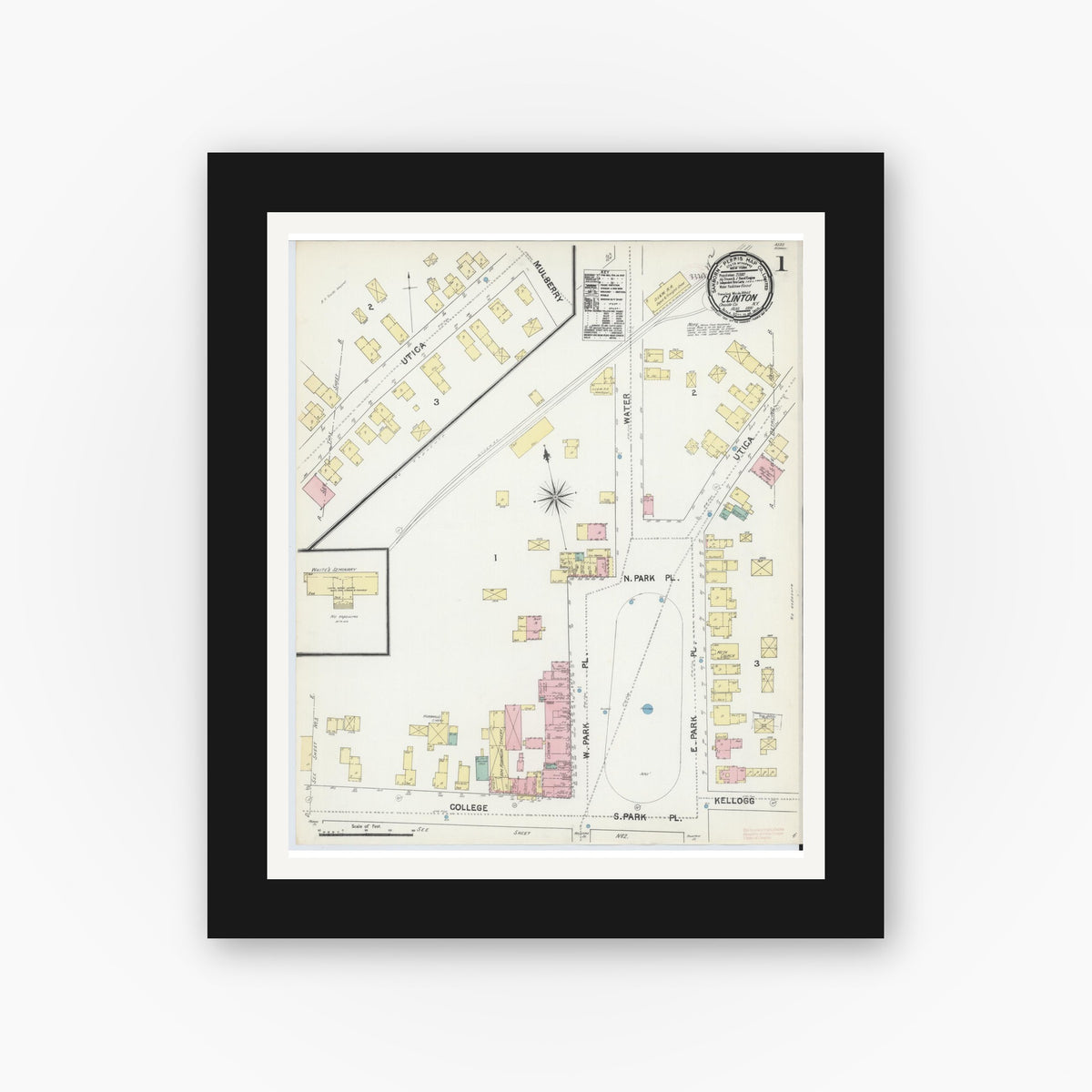 Old map wall art mockup — black gallery frame with white mat — Sanborn Fire Insurance Map from Clinton, Oneida County, New York (1891), Sheet #0001