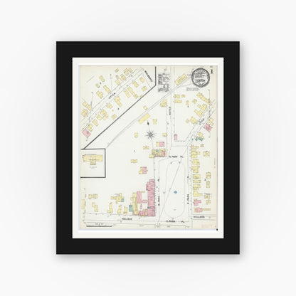 Old map wall art mockup — black gallery frame with white mat — Sanborn Fire Insurance Map from Clinton, Oneida County, New York (1891), Sheet #0001