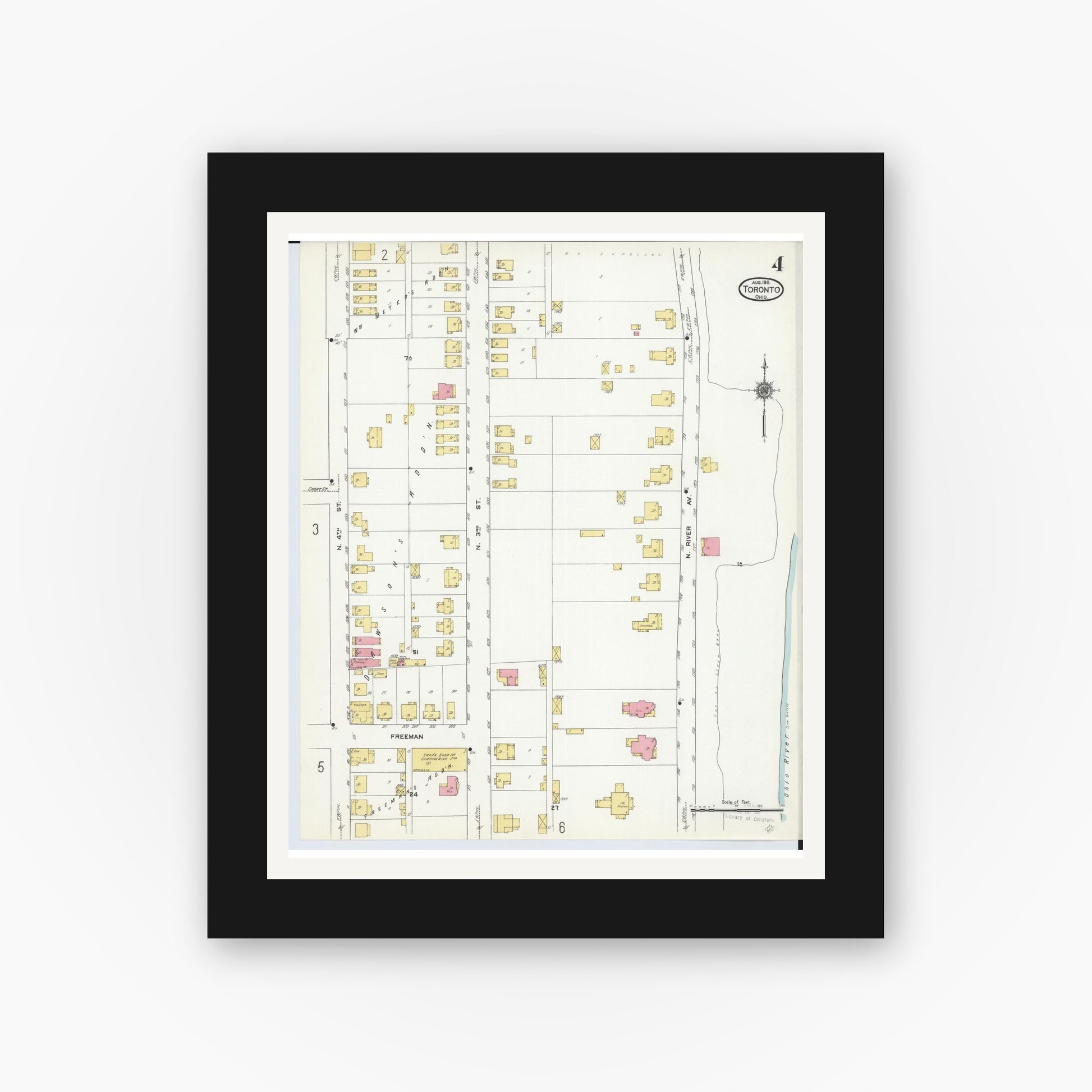 Old map wall art mockup — black gallery frame with white mat — Sanborn Fire Insurance Map from Toronto, Jefferson County, Ohio (1911), Sheet #0004