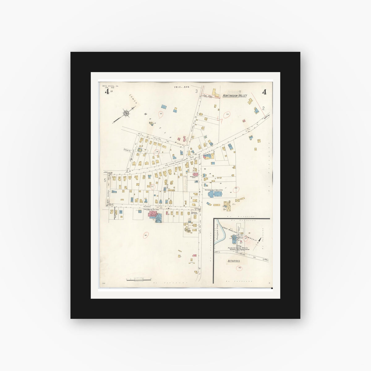 Old map wall art mockup — black gallery frame with white mat — Sanborn Fire Insurance Map from Bryn Athyn, Montgomery County, Pennsylvania (1941), Sheet #0004