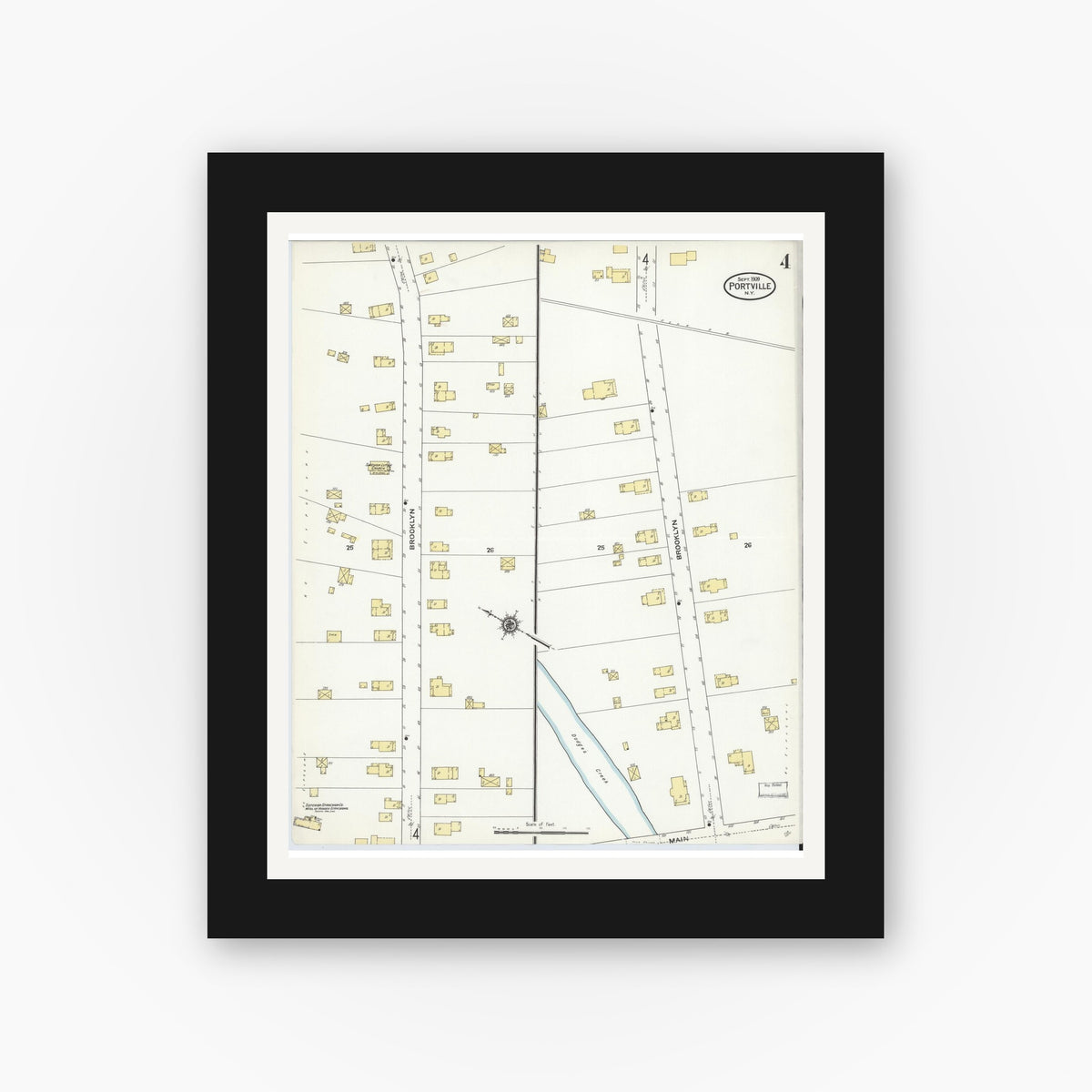 Old map wall art mockup — black gallery frame with white mat — Sanborn Fire Insurance Map from Portville, Cattaraugus County, New York (1909), Sheet #0004