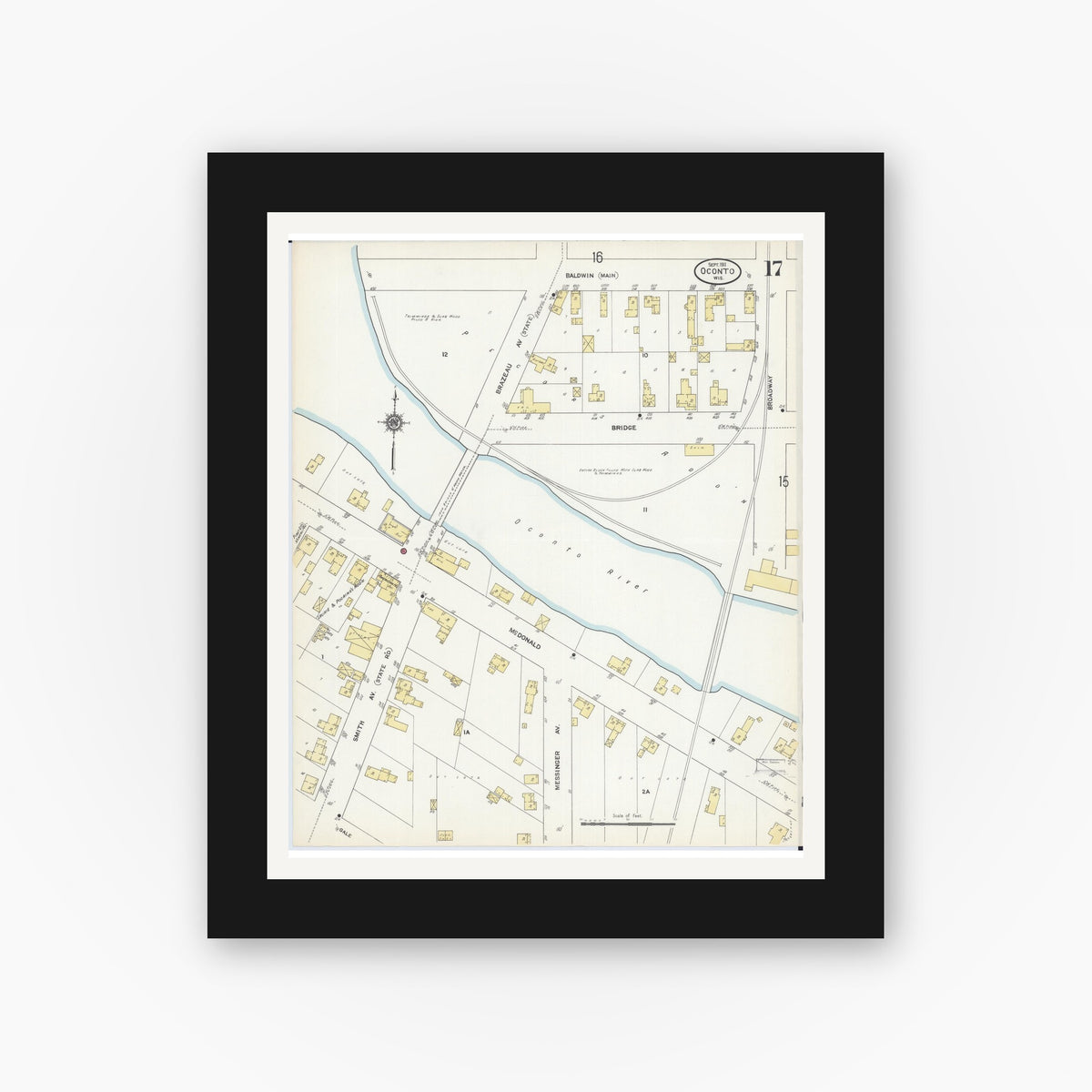 Old map wall art mockup — black gallery frame with white mat — Sanborn Fire Insurance Map from Oconto, Oconto County, Wisconsin (1911), Sheet #0017