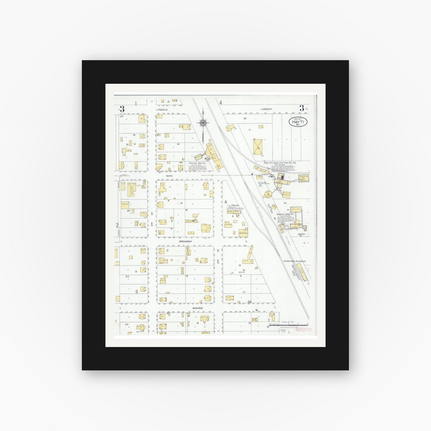 Old map wall art mockup — black gallery frame with white mat — Sanborn Fire Insurance Map from Hayti, Pemiscot County, Missouri (1927), Sheet #0003