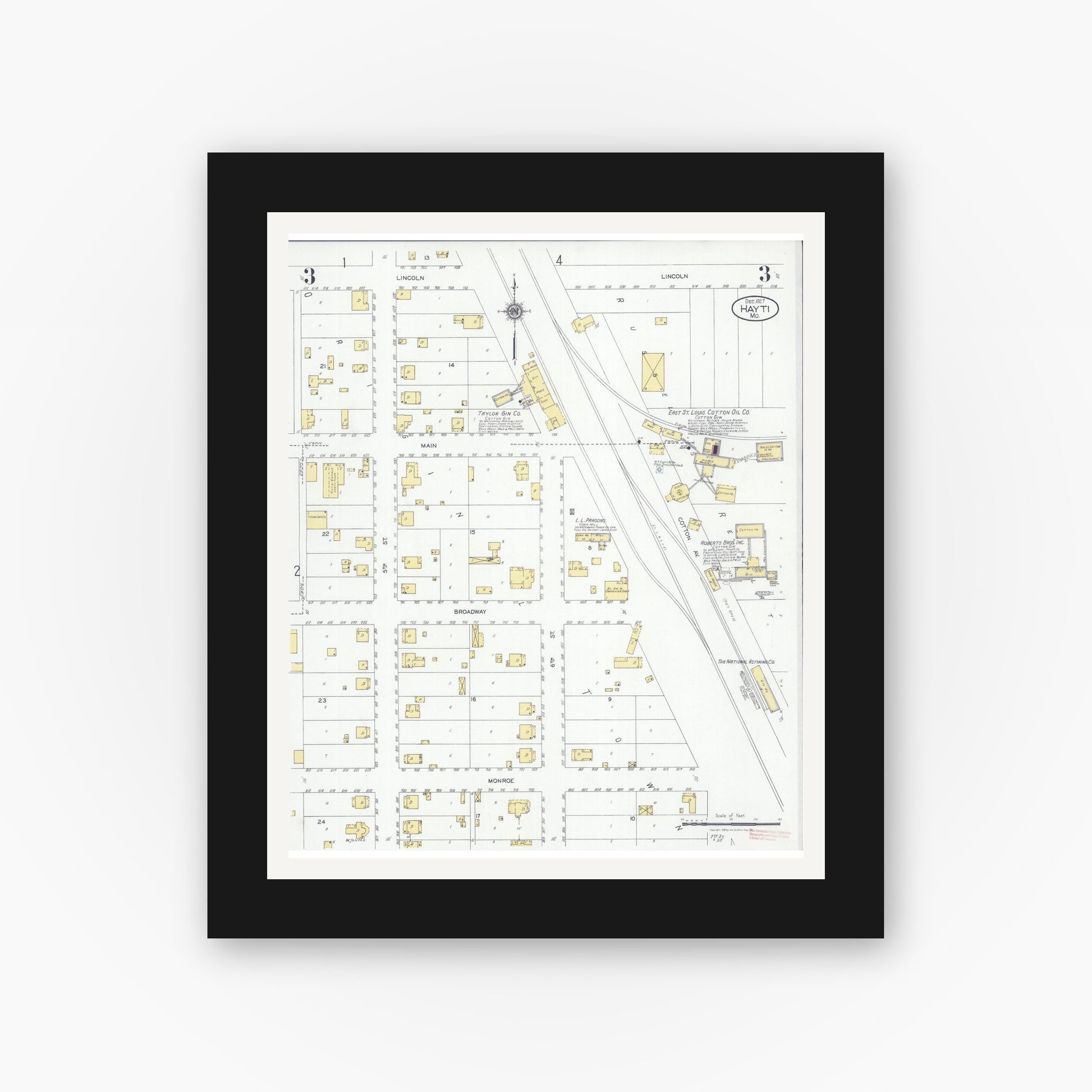 Old map wall art mockup — black gallery frame with white mat — Sanborn Fire Insurance Map from Hayti, Pemiscot County, Missouri (1927), Sheet #0003
