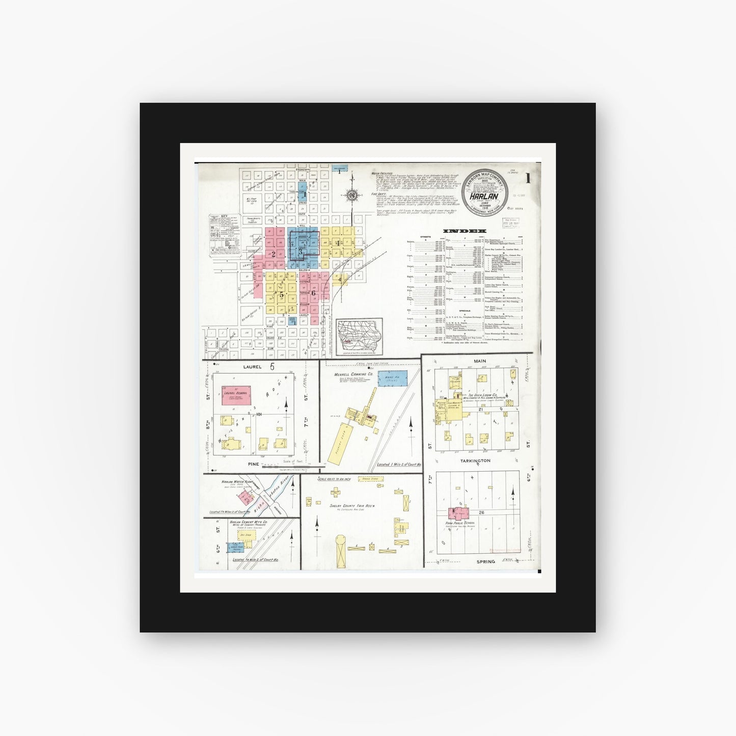 Old map wall art mockup — black gallery frame with white mat — Sanborn Fire Insurance Map from Harlan, Shelby County, Iowa (1918) â€” Complete Set
