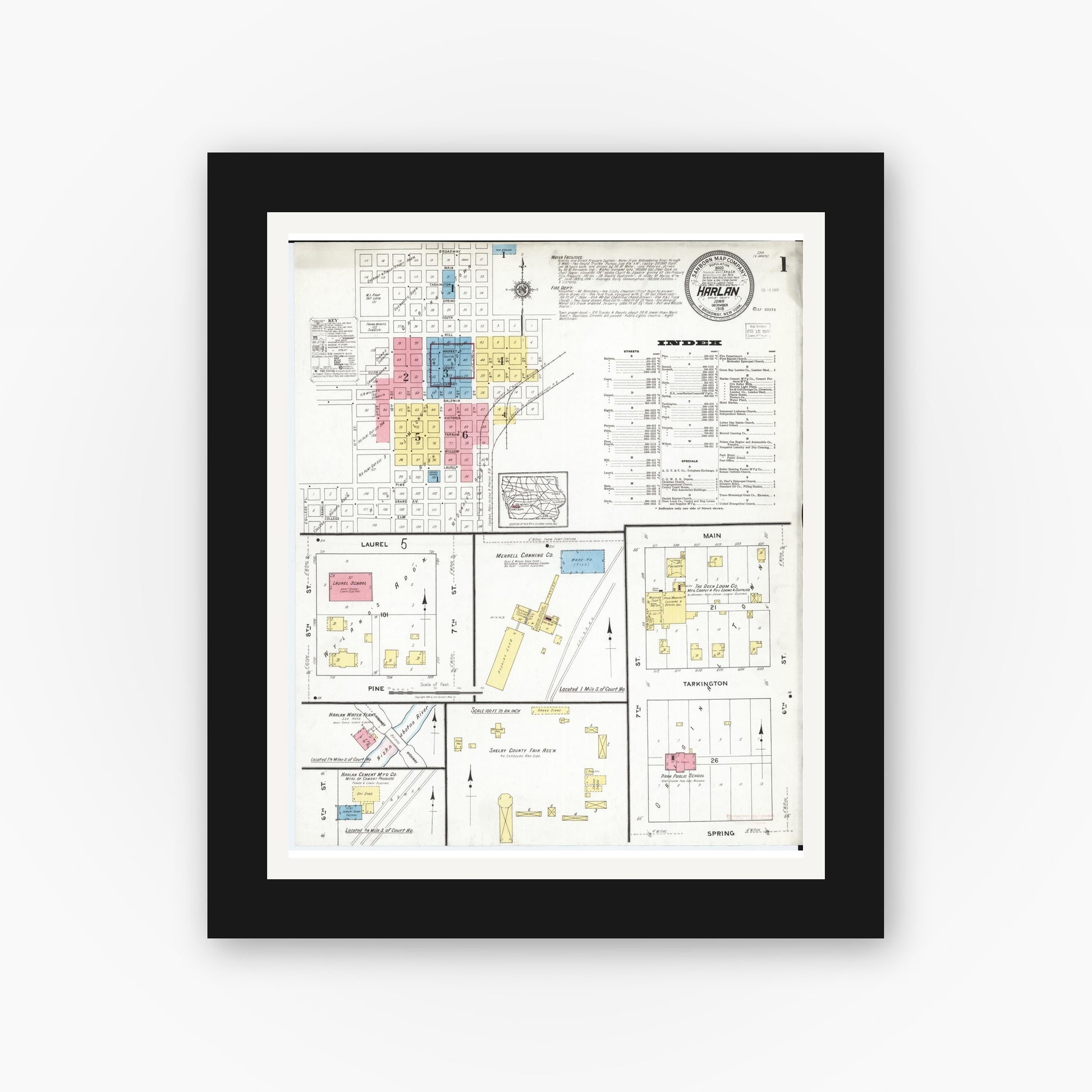 Old map wall art mockup — black gallery frame with white mat — Sanborn Fire Insurance Map from Harlan, Shelby County, Iowa (1918) â€” Complete Set