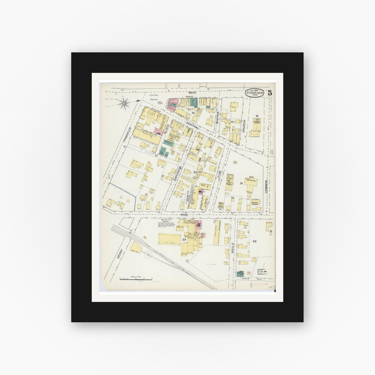 Old map wall art mockup — black gallery frame with white mat — Sanborn Fire Insurance Map from Stoneham, Middlesex County, Massachusetts (1892), Sheet #0005