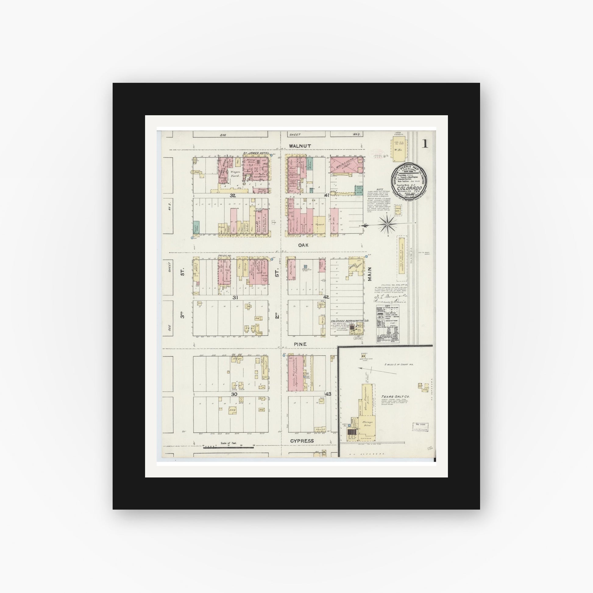 Old map wall art mockup — black gallery frame with white mat — Sanborn Fire Insurance Map from Colorado, Mitchell County, Texas (1891) - Complete Map Set