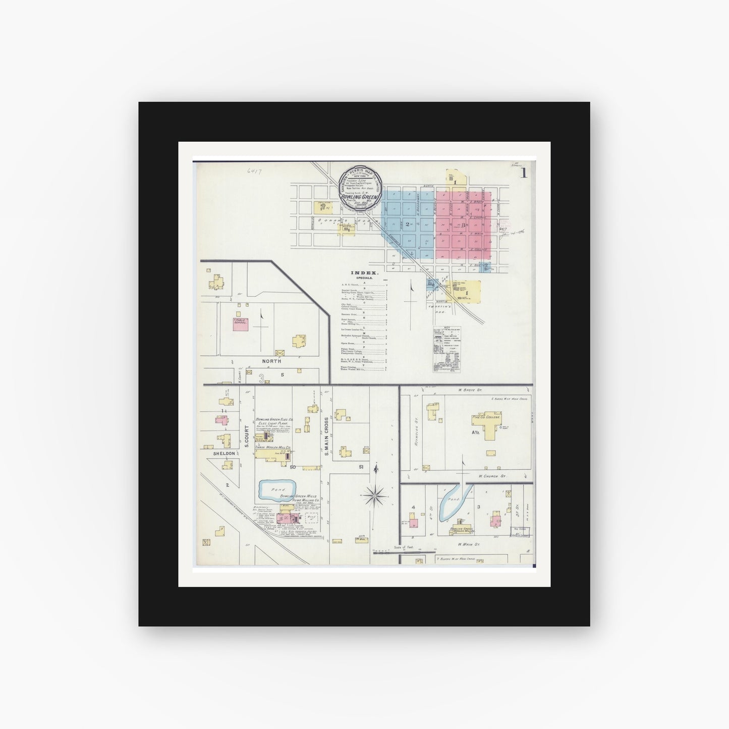 Old map wall art mockup — black gallery frame with white mat — Sanborn Fire Insurance Map from Bowling Green, Pike County, Missouri (1895) - Complete Map Set