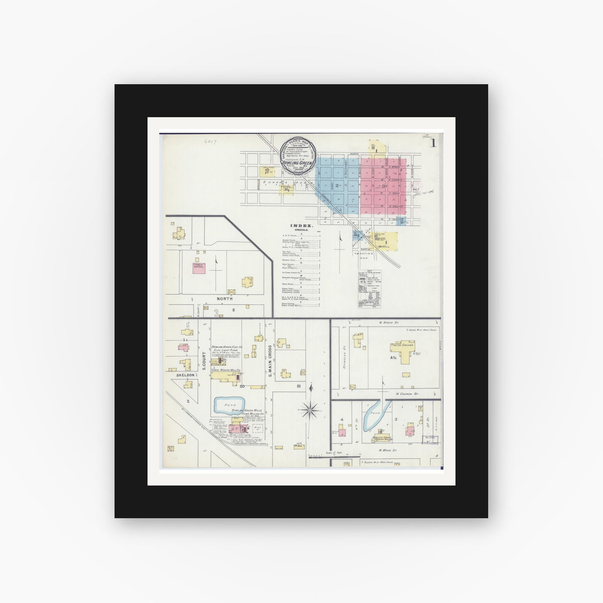 Old map wall art mockup — black gallery frame with white mat — Sanborn Fire Insurance Map from Bowling Green, Pike County, Missouri (1895) - Complete Map Set