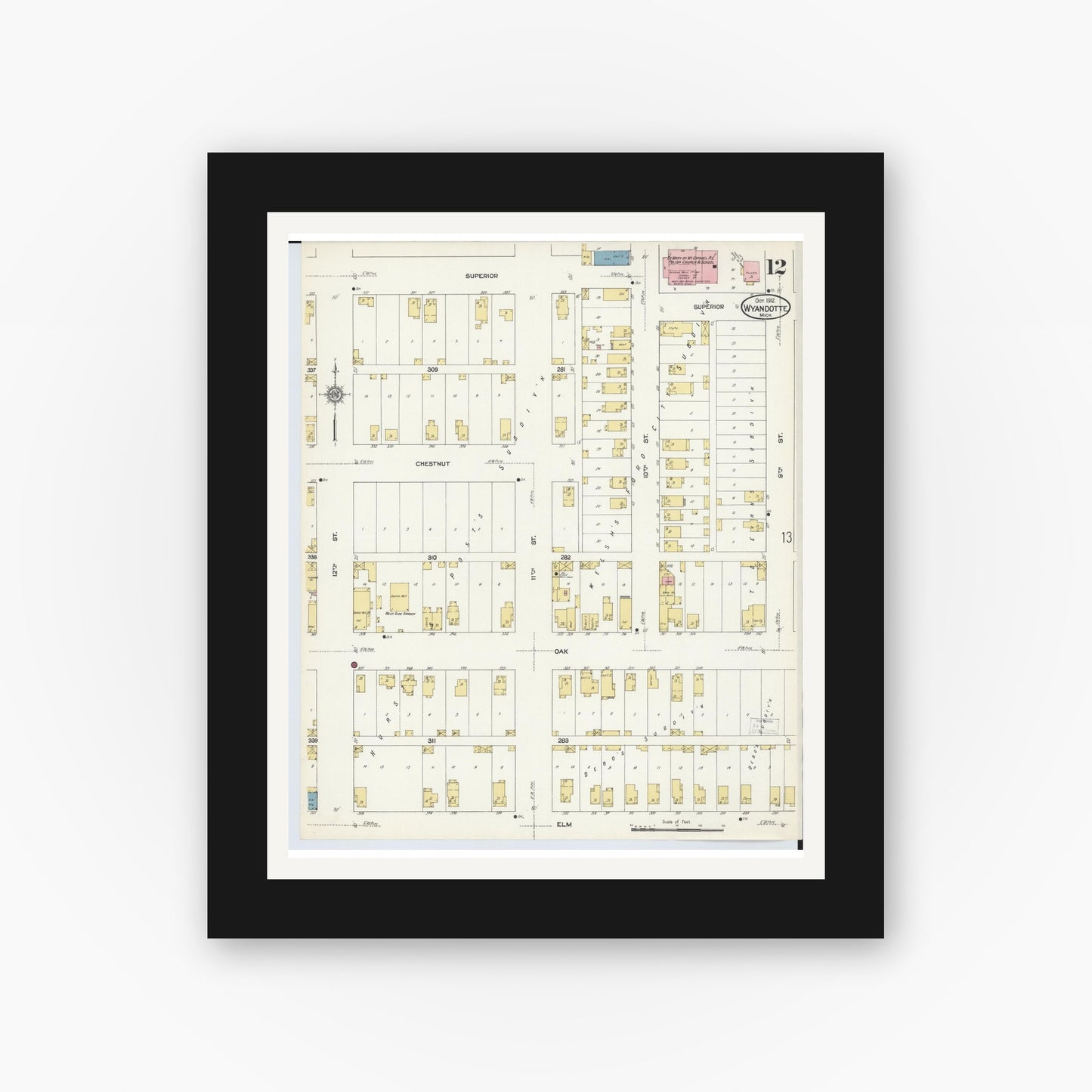 Old map wall art mockup — black gallery frame with white mat — Sanborn Fire Insurance Map from Wyandotte, Wayne County, Michigan (1912), Sheet #0012