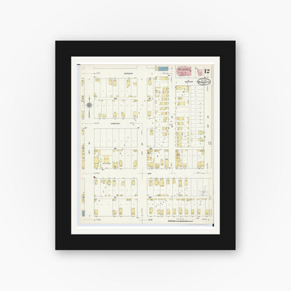Old map wall art mockup — black gallery frame with white mat — Sanborn Fire Insurance Map from Wyandotte, Wayne County, Michigan (1912), Sheet #0012