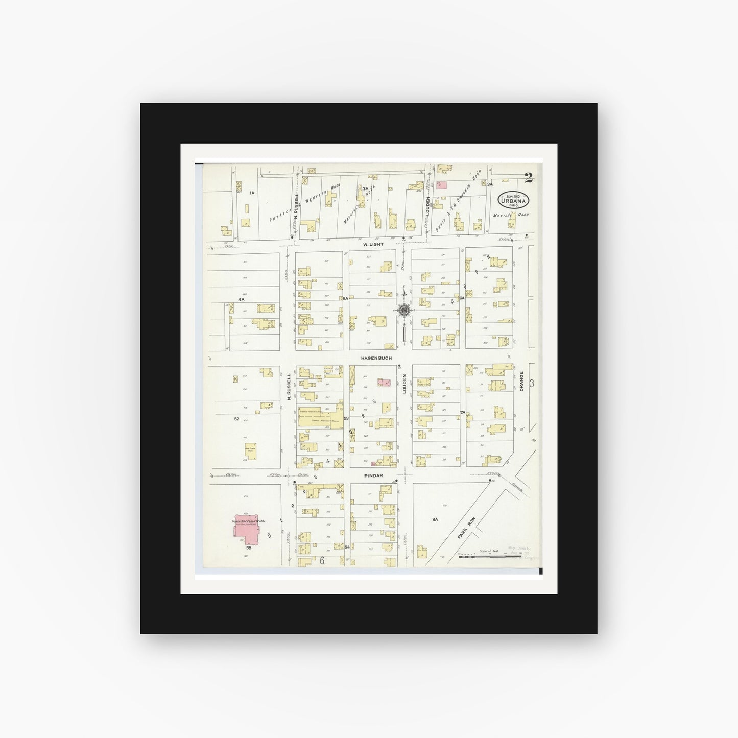 Old map wall art mockup — black gallery frame with white mat — Sanborn Fire Insurance Map from Urbana, Champaign County, Ohio (1910), Sheet #0002
