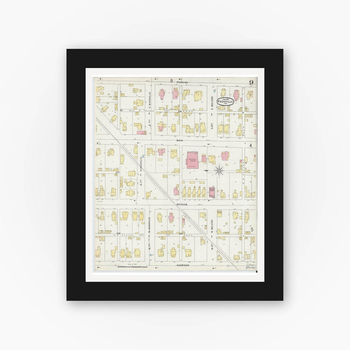 Old map wall art mockup — black gallery frame with white mat — Sanborn Fire Insurance Map from Rushville, Rush County, Indiana (1896), Sheet #0009