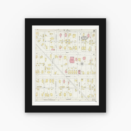 Old map wall art mockup — black gallery frame with white mat — Sanborn Fire Insurance Map from Rushville, Rush County, Indiana (1896), Sheet #0009