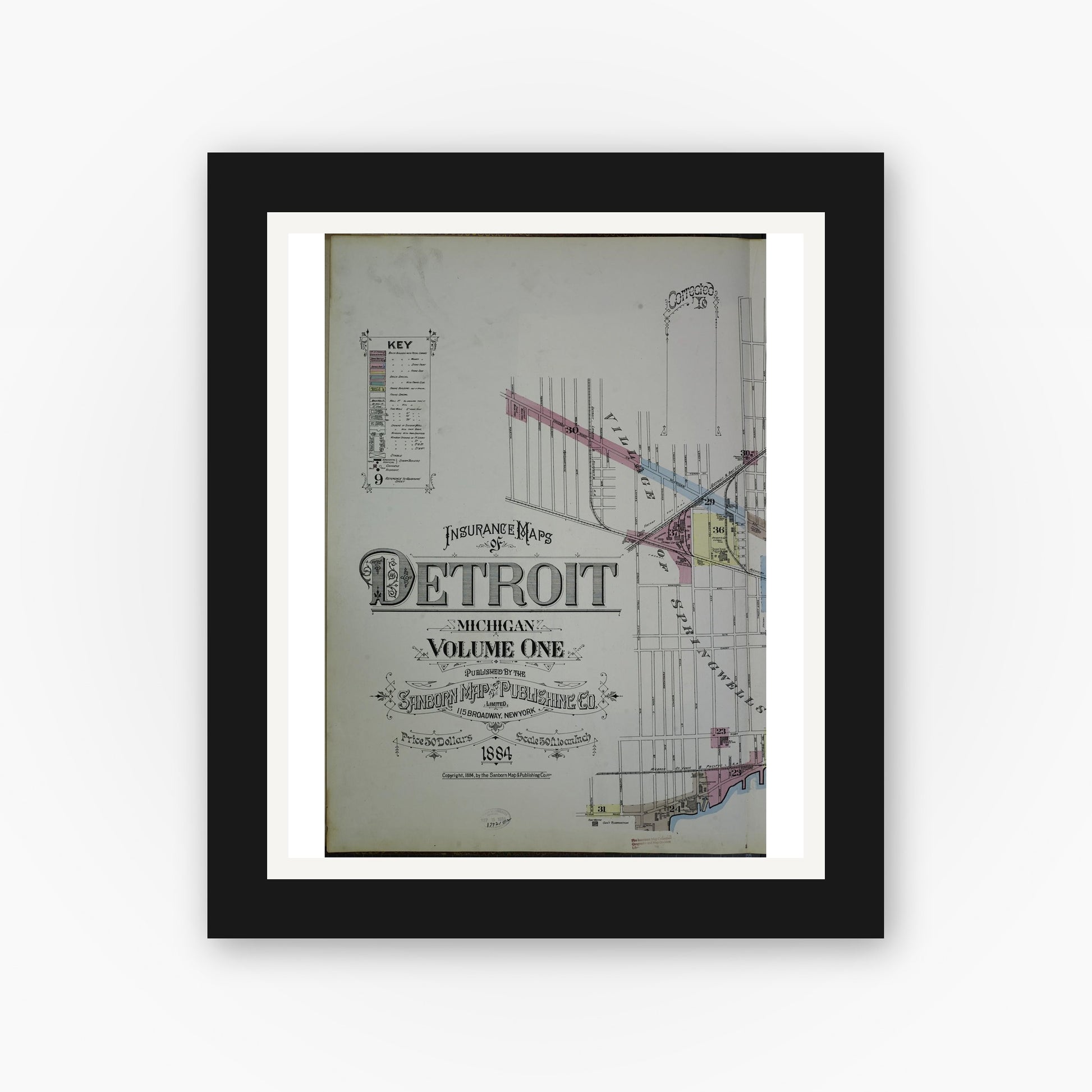 Old map wall art mockup — black gallery frame with white mat — Sanborn Fire Insurance Map from Detroit, Wayne County, Michigan (1884), Sheet #0001
