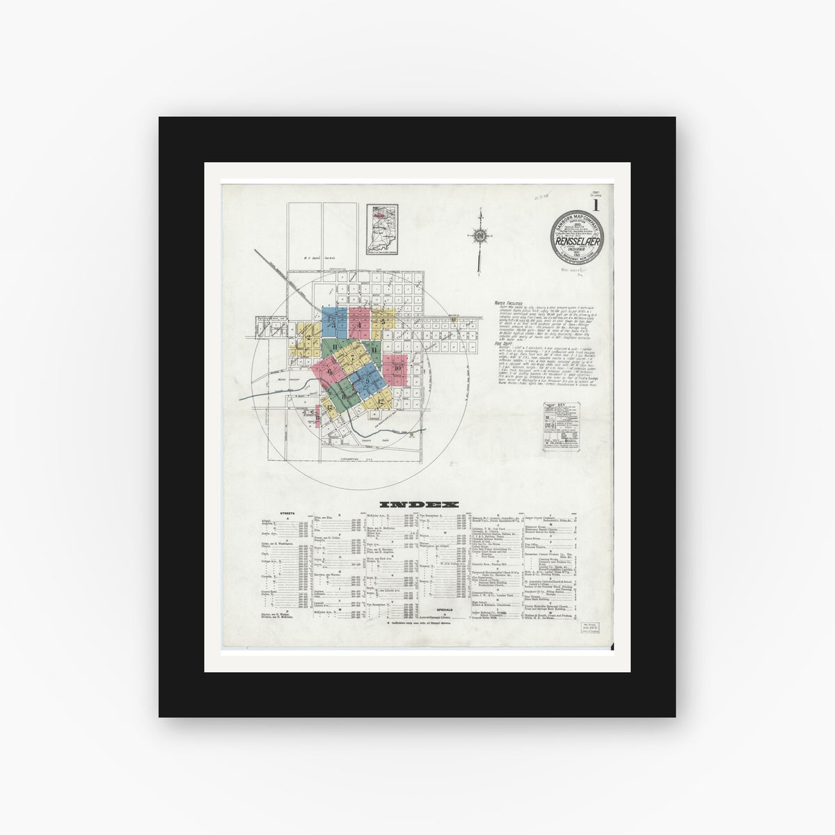 Old map wall art mockup — black gallery frame with white mat — Sanborn Fire Insurance Map from Rensselaer, Jasper County, Indiana (1921), Sheet #0001