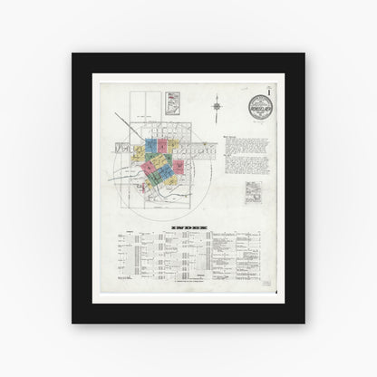 Old map wall art mockup — black gallery frame with white mat — Sanborn Fire Insurance Map from Rensselaer, Jasper County, Indiana (1921), Sheet #0001