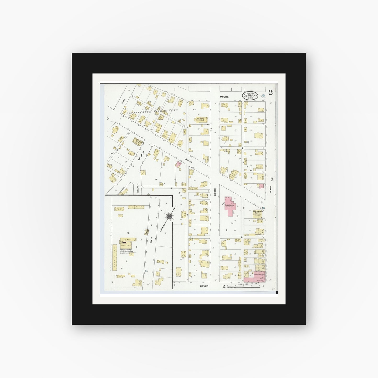 Old map wall art mockup — black gallery frame with white mat — Sanborn Fire Insurance Map from Degraff, Logan County, Ohio (1910), Sheet #0002
