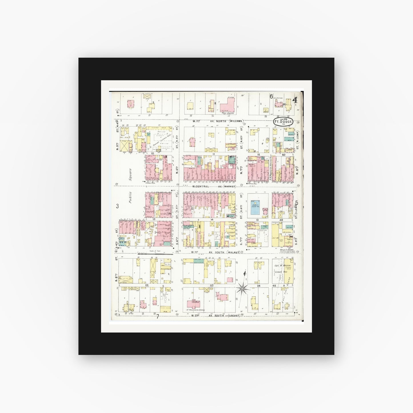 Old map wall art mockup — black gallery frame with white mat — Sanborn Fire Insurance Map from Fort Dodge, Webster County, Iowa (1896), Sheet #0004