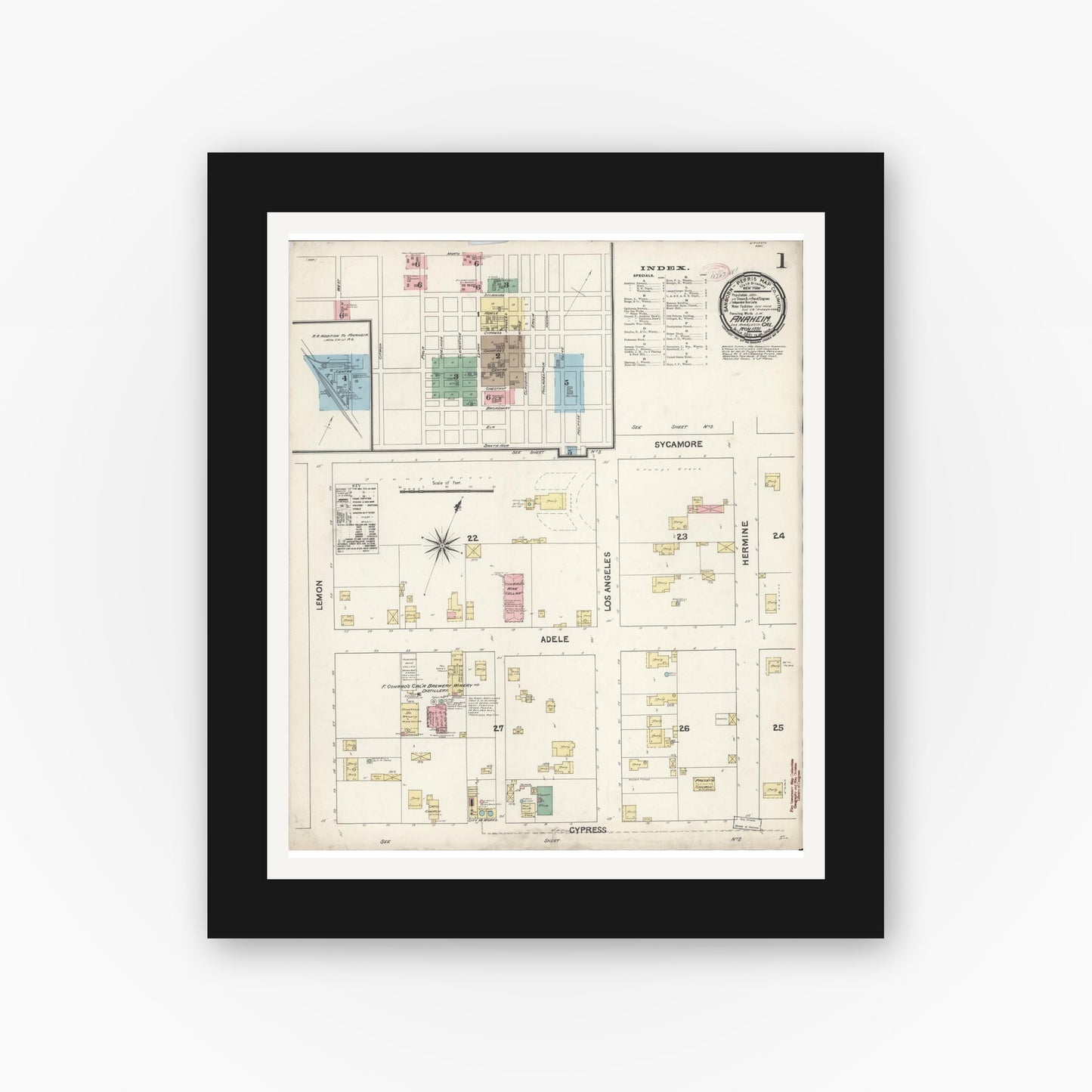 Old map wall art mockup — black gallery frame with white mat — Sanborn Fire Insurance Map from Anaheim, Orange County, California (1891), Sheet #0001