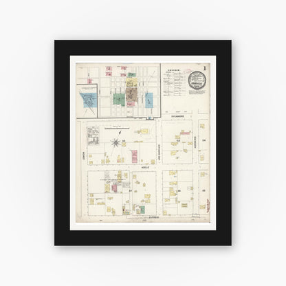 Old map wall art mockup — black gallery frame with white mat — Sanborn Fire Insurance Map from Anaheim, Orange County, California (1891), Sheet #0001