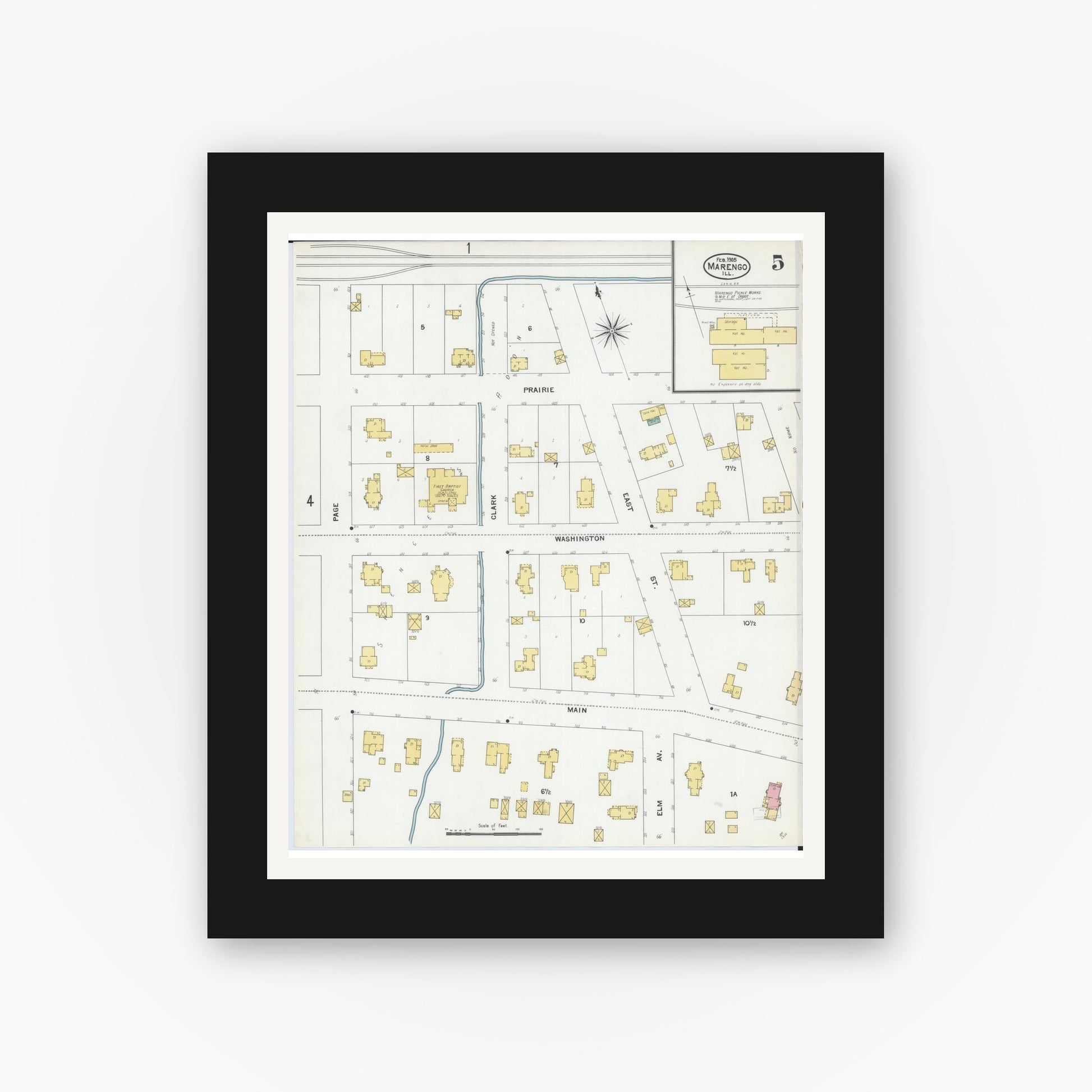 Old map wall art mockup — black gallery frame with white mat — Sanborn Fire Insurance Map from Marengo, McHenry County, Illinois (1905), Sheet #0005