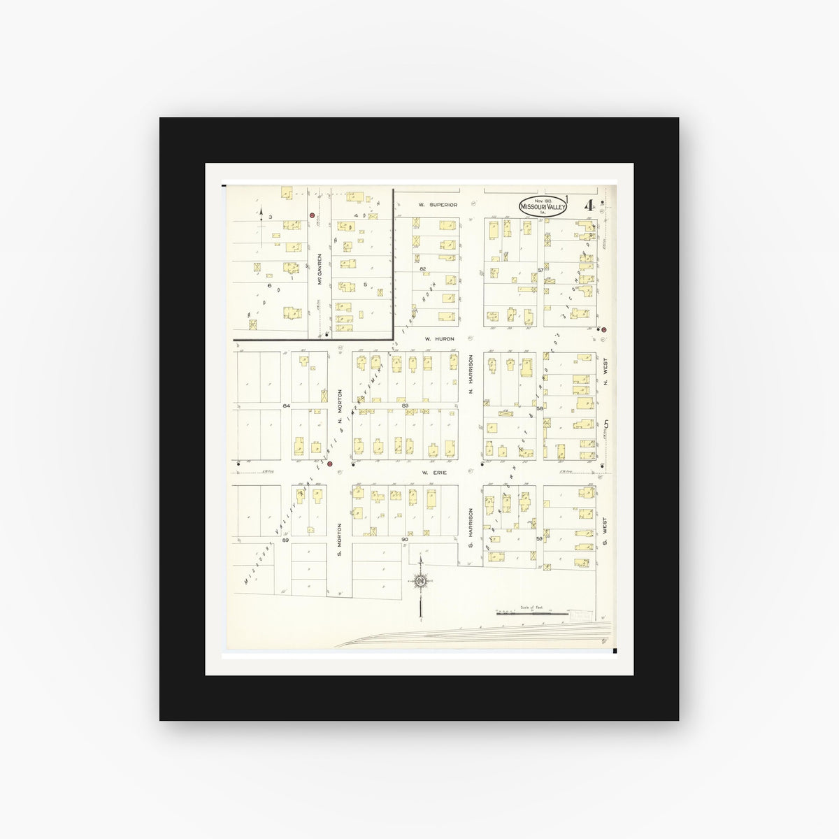 Old map wall art mockup — black gallery frame with white mat — Sanborn Fire Insurance Map from Missouri Valley, Harrison County, Iowa (1913), Sheet #0004